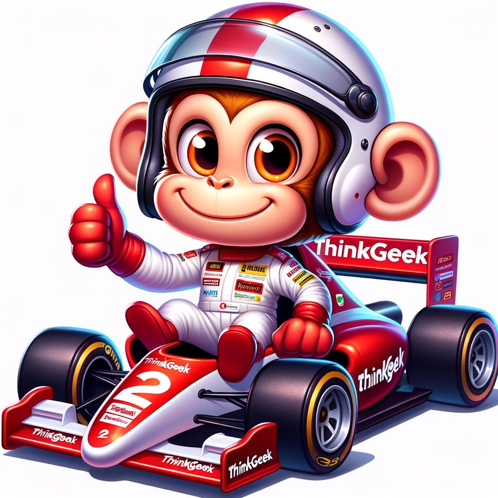 Timmy the ThinkGeek monkey mascot in an F1 car